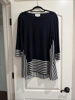 Joseph Ribkoff Navy and White Striped Hem & Cuff Tunic